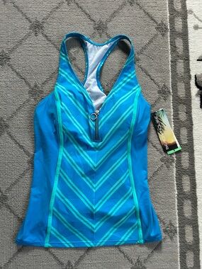 Beach House Teal & Aqua Chevron Zip-Front Racerback Tankini Swim Top